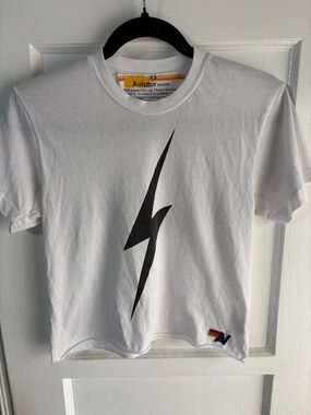 Aviator Nation White Tee with Black Lightning Bolt Graphic